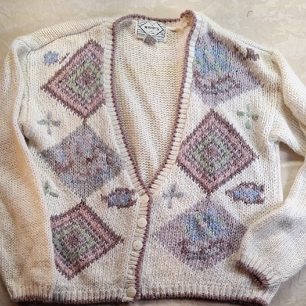 Cozy White and Purple Knit Cardigan